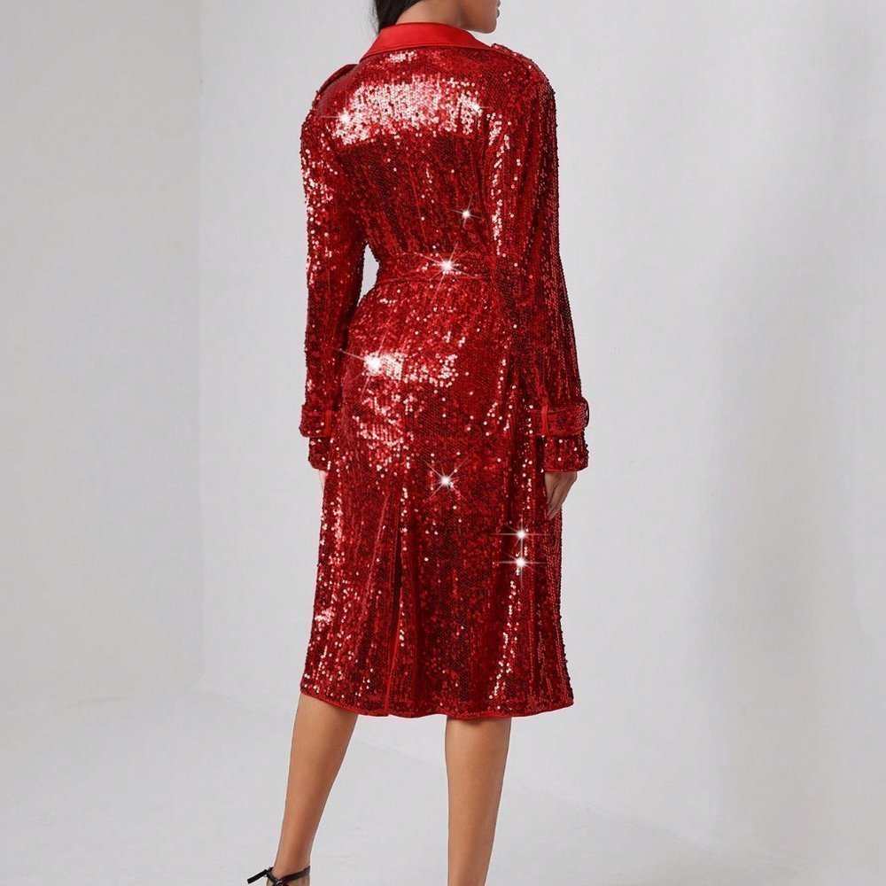 Red Preppy Womens Waterfall Collar Sequin Trench Coat - Picture 3 of 5
